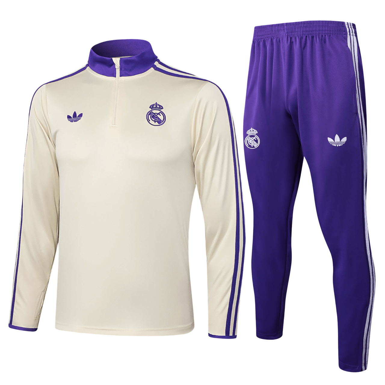Real Madrid 2526 Cream & Purple Training Tracksuit – Classic 3-Stripes Design-